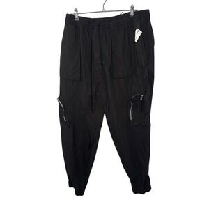 Mens Black Elasticated Waist Cargo Pants Zip Pocket Drawstring  Casual   Fit XXL